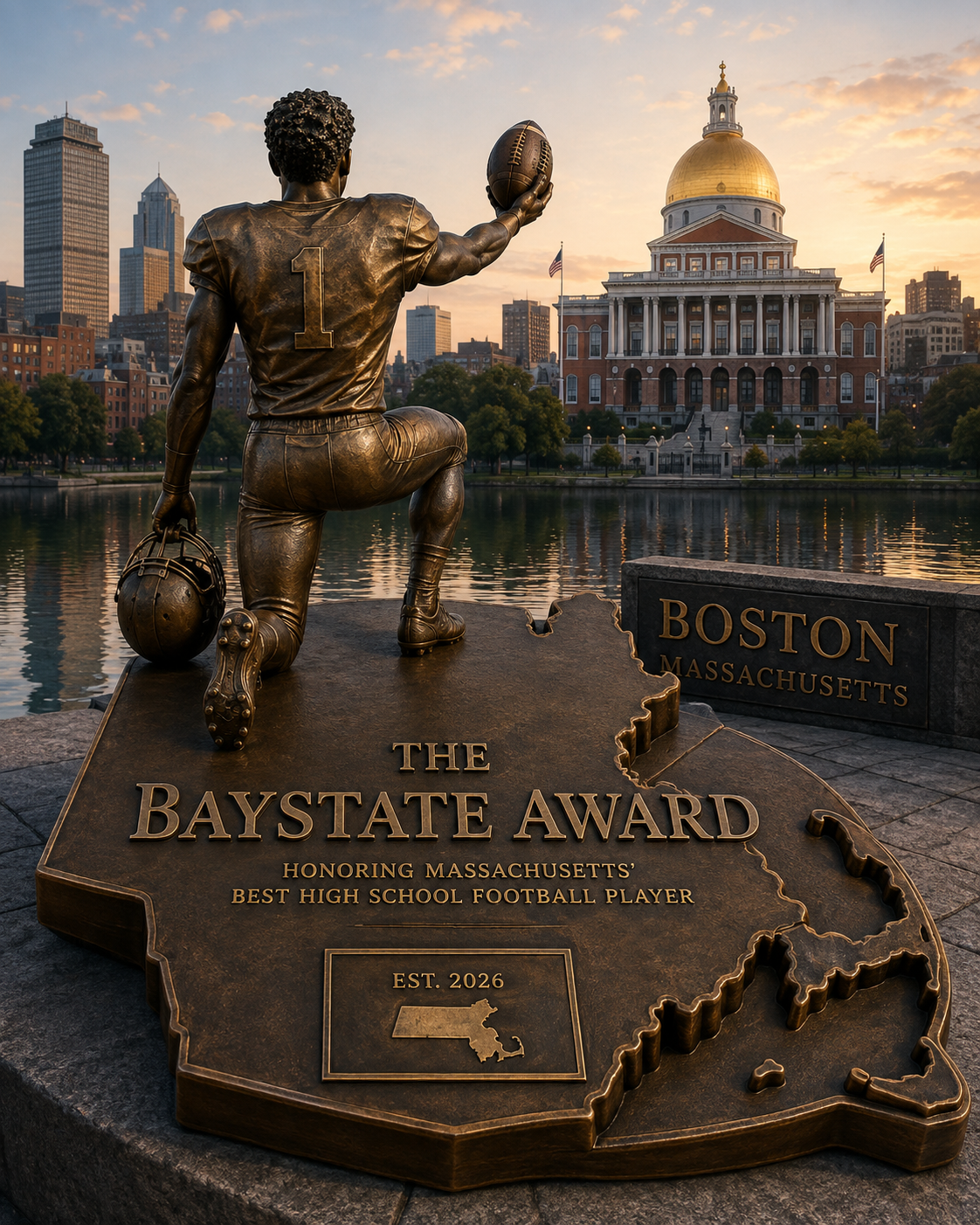 The BayState Award trophy — a bronze football player kneeling on a Massachusetts-shaped plaque facing the Boston skyline at sunset